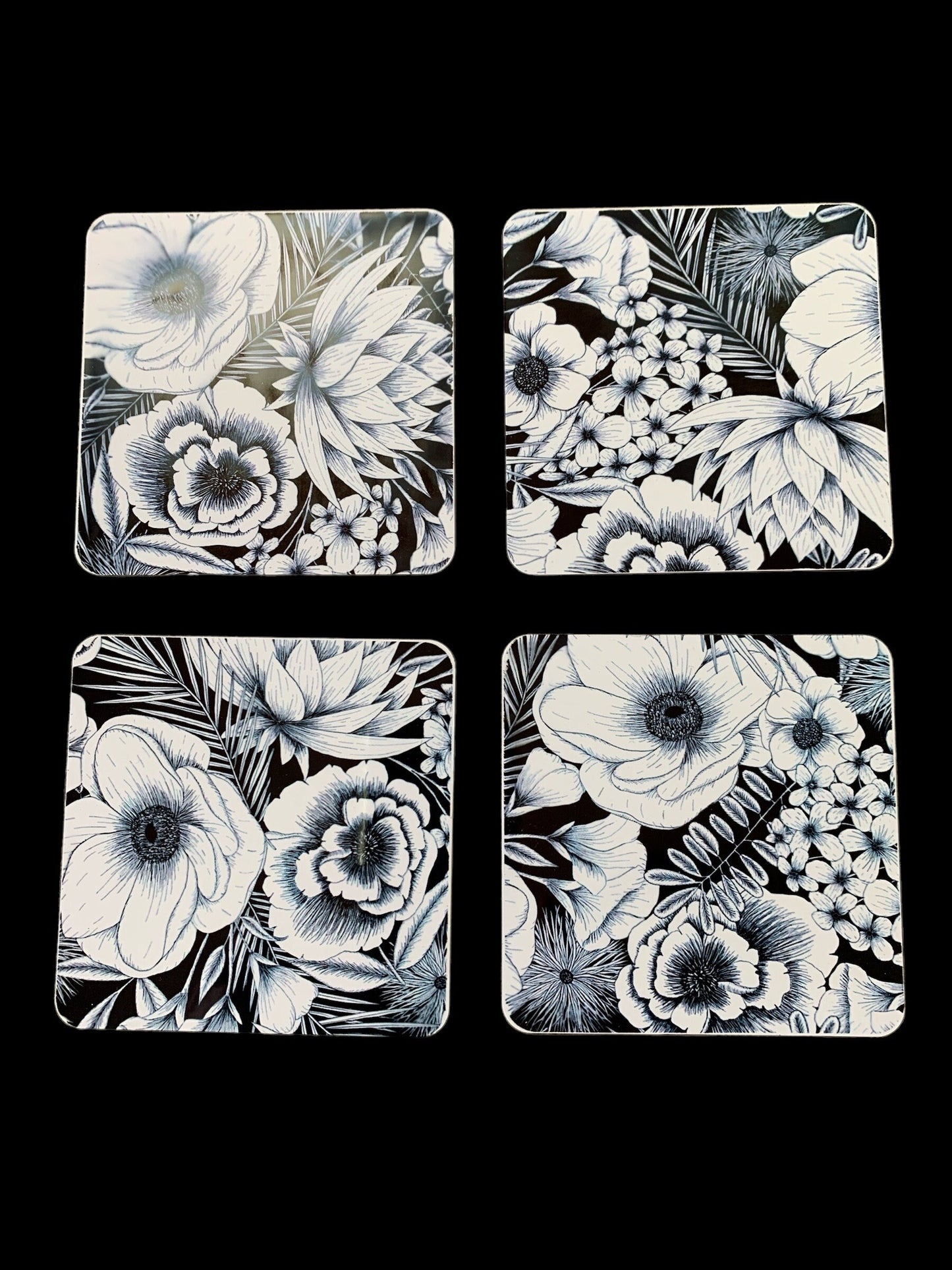 Coaster Set with Black and White Florals