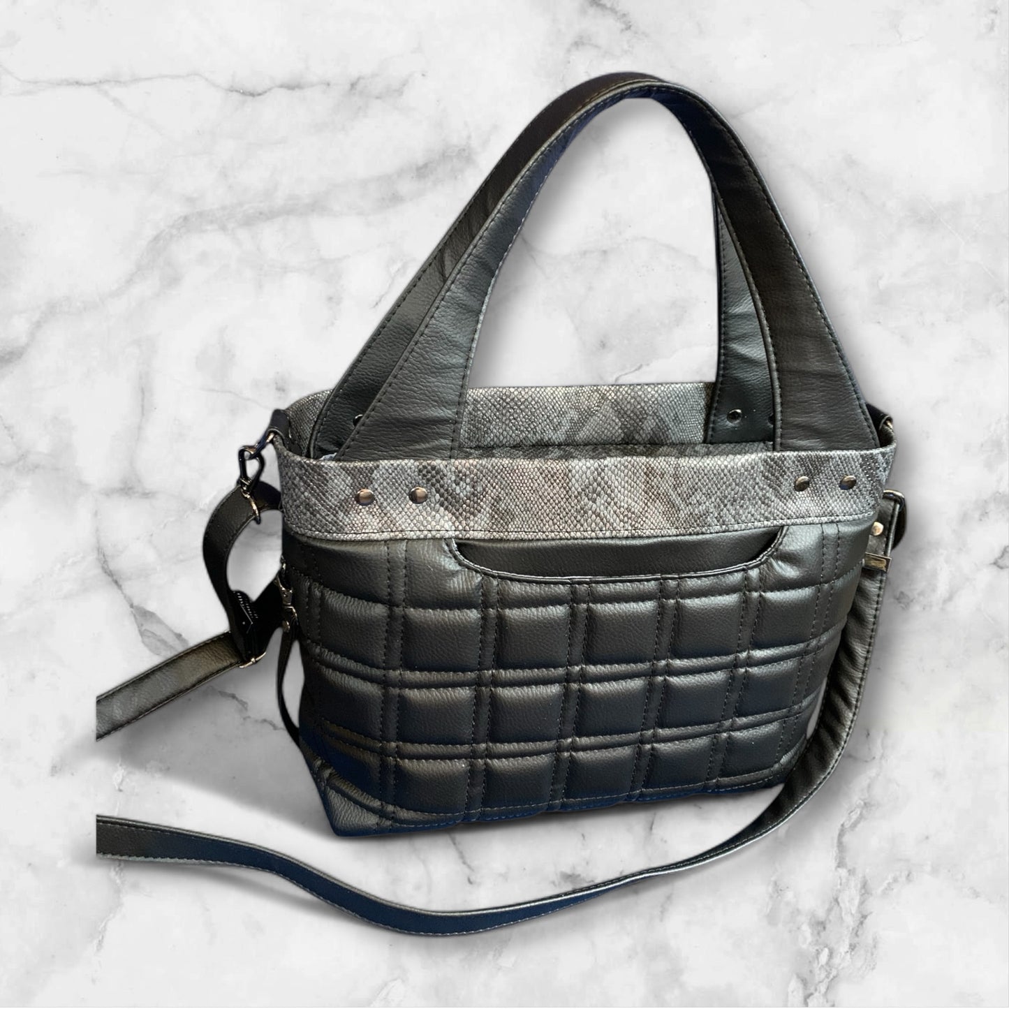 Coupeville Tote Black Faux Leather Python Trim